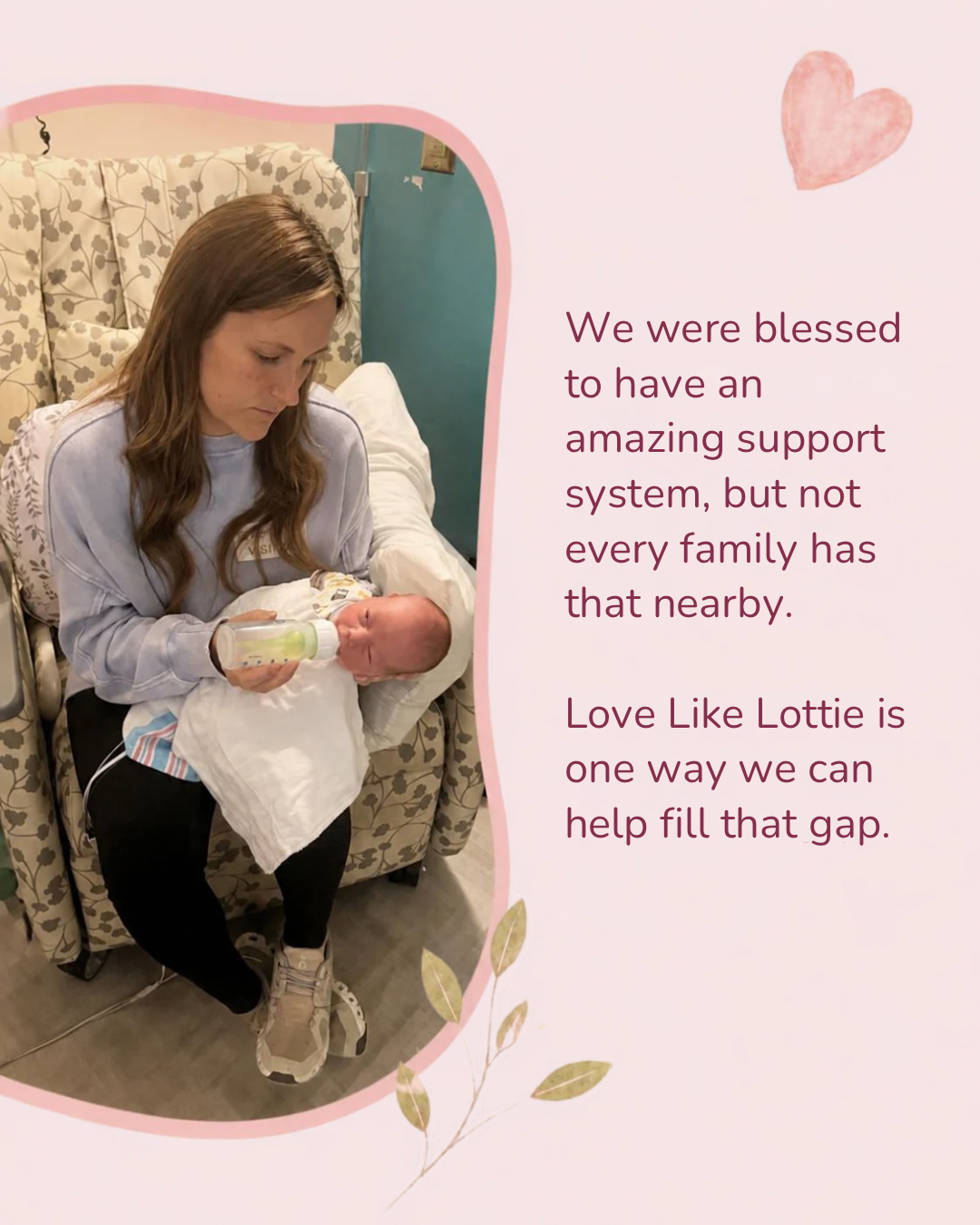 Rachel bottle-feeding Emmet and explaining how Love Like Lottie helps fill a support gap