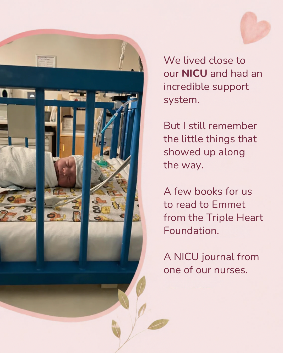 Baby Emmet resting in a blue NICU crib as Rachel recalls the small gifts that supported them