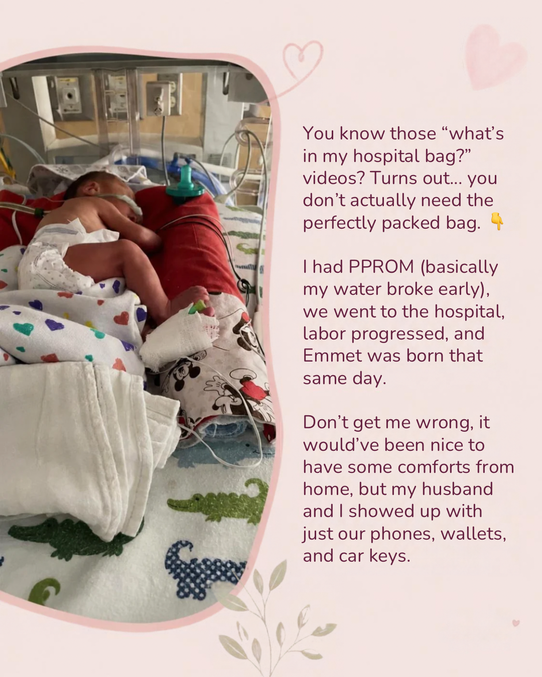 Newborn Emmet in the NICU beside Rachel’s story about his unexpected birth at 29 weeks